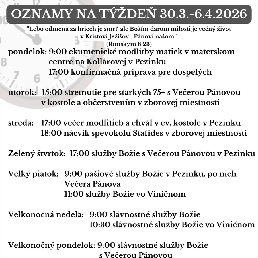 Oznamy na týždeň 30.3.2026-5.4.2026