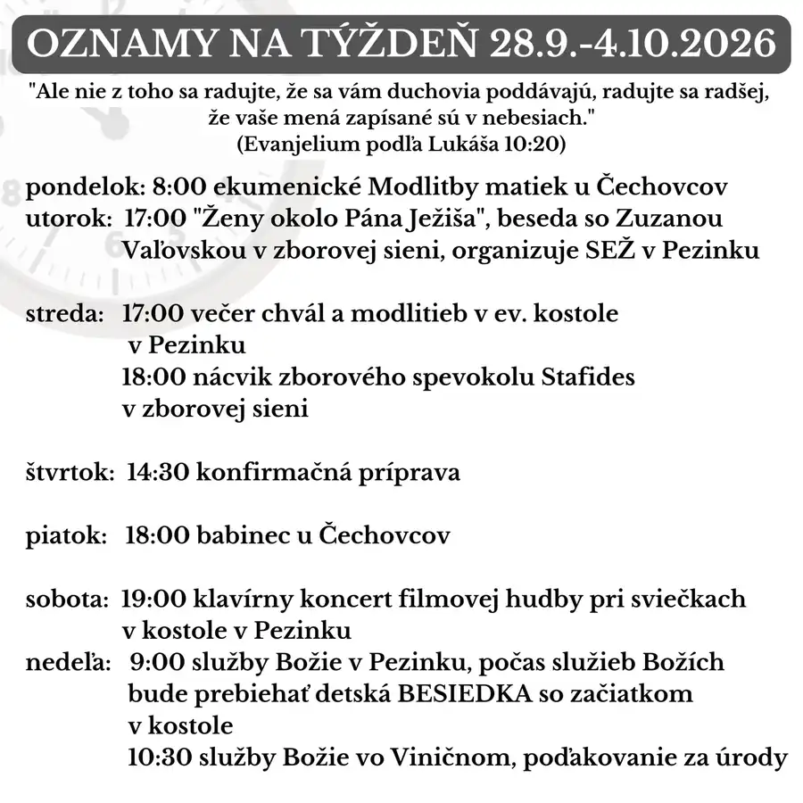 Oznamy na týždeň 28.9.2026 - 4.10.2026