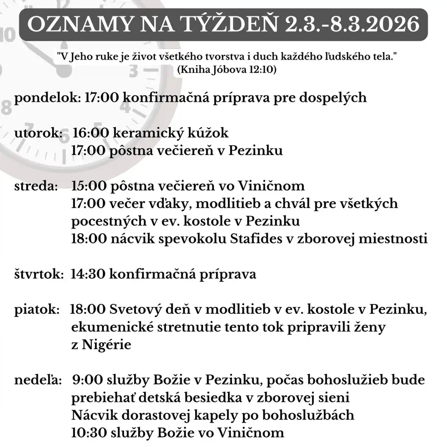 Oznamy na týždeň 2.3.2026-8.3.2026