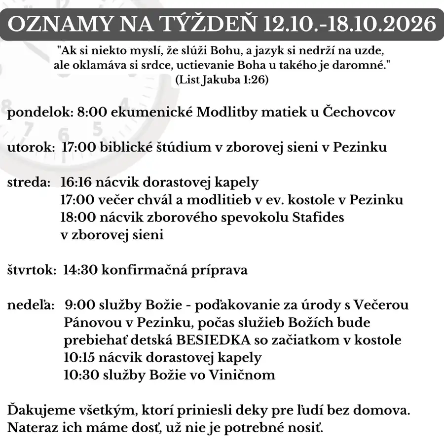 Oznamy na týždeň 12.10.2026 - 18.10.2026