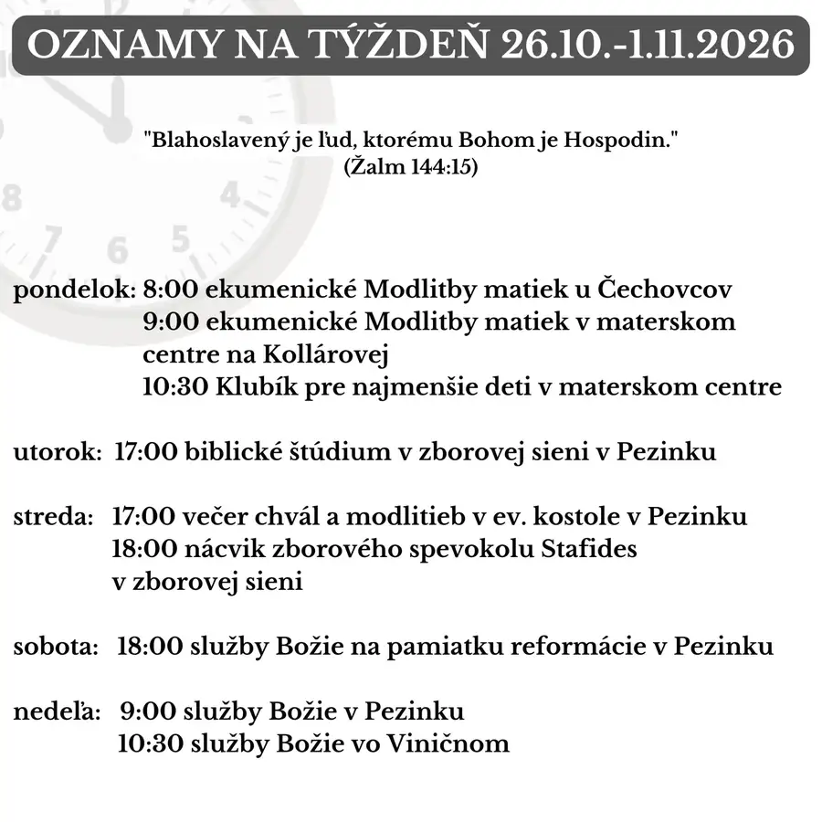 Oznamy na týždeň 26.10.2026 - 1.11.2026