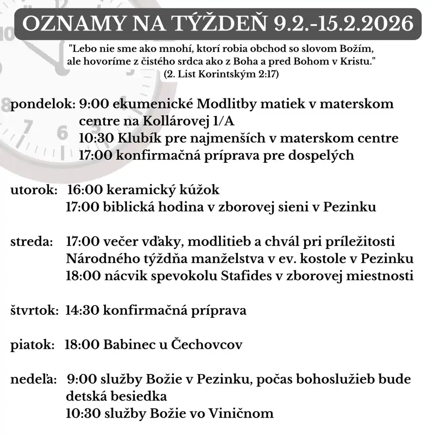 Oznamy na týždeň 9.2.2026 až 15.2.2026
