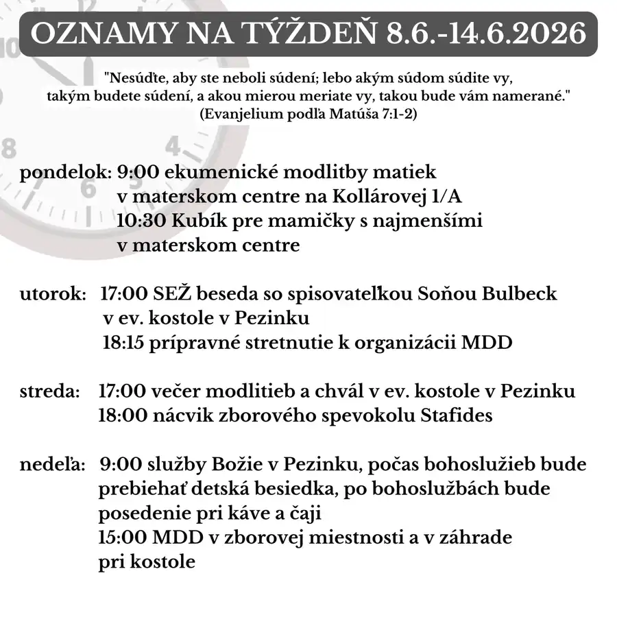 Oznamy na týždeň 8.6.2026 - 14.6.2026