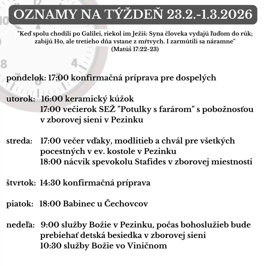 Oznamy na týždeň 23.2.2026 - 1.3.2026