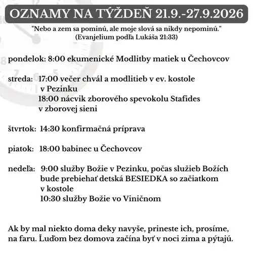 Oznamy na týždeň 21.9.2026-27.9.2026